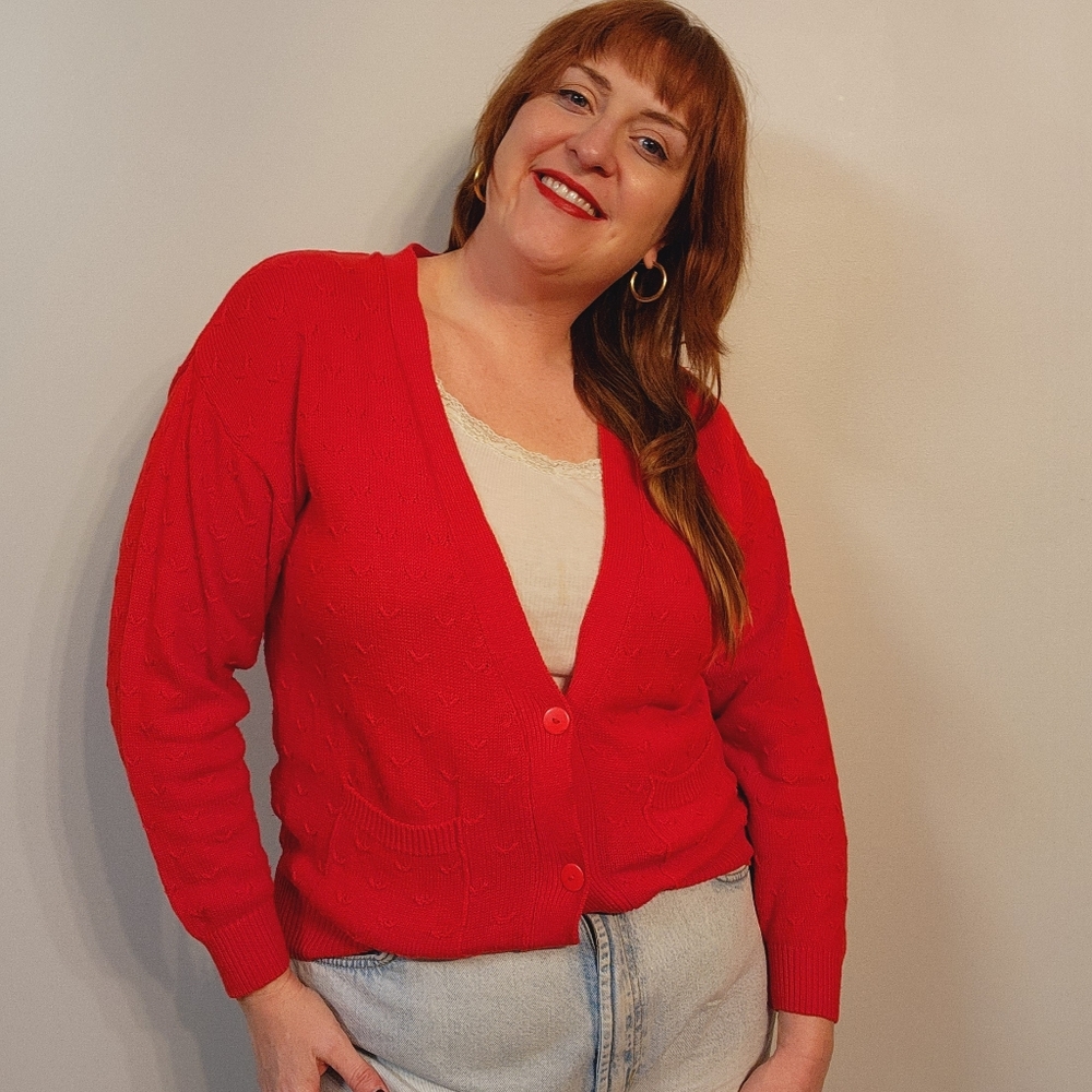 1980s Karen Scott Red Cotton Cardigan Sweater